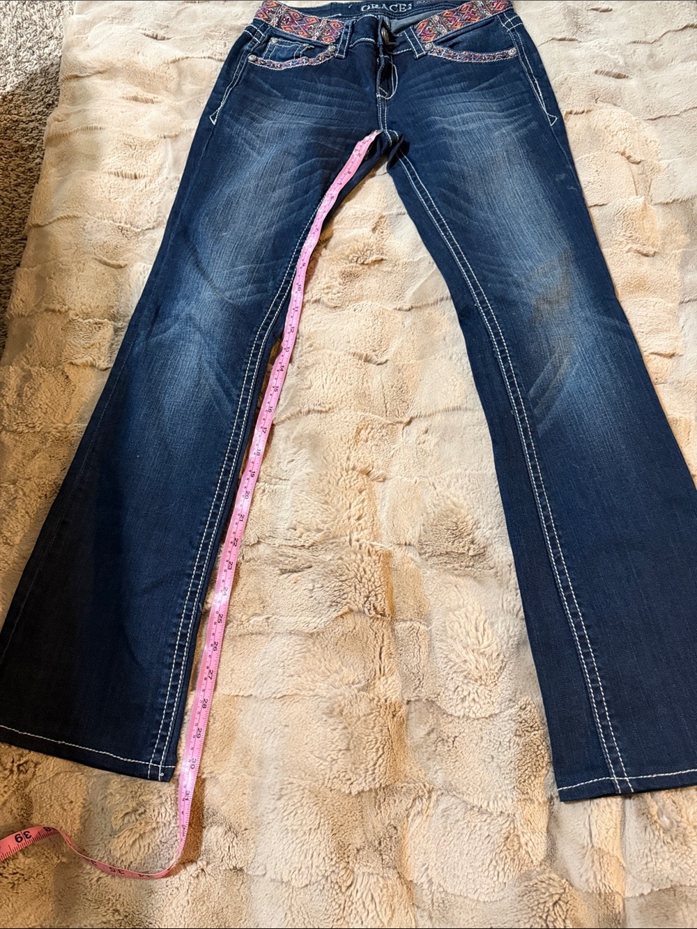 Grace in LA Women's Dark Indigo Flare Jeans with Embroidered Waistband